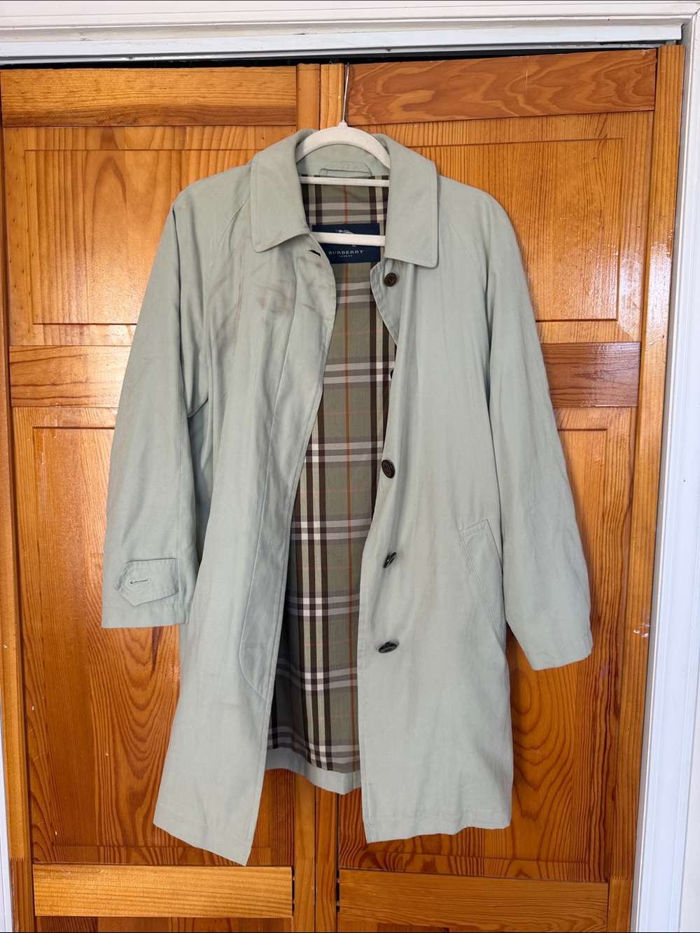 Burberry Light Sage Trench Coat with Tartan Lining